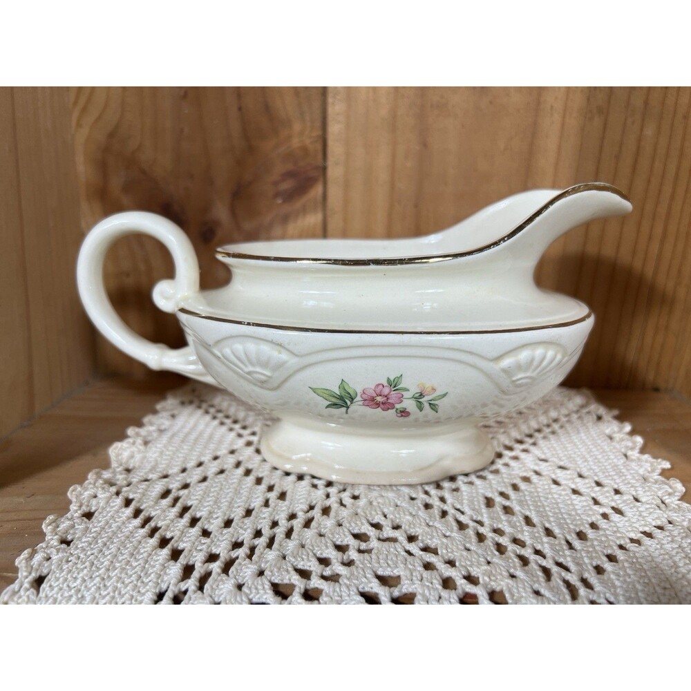 Vintage Homer Laughlin Floral Gravy Boat Gold Trim Serving Pitcher USA 1947